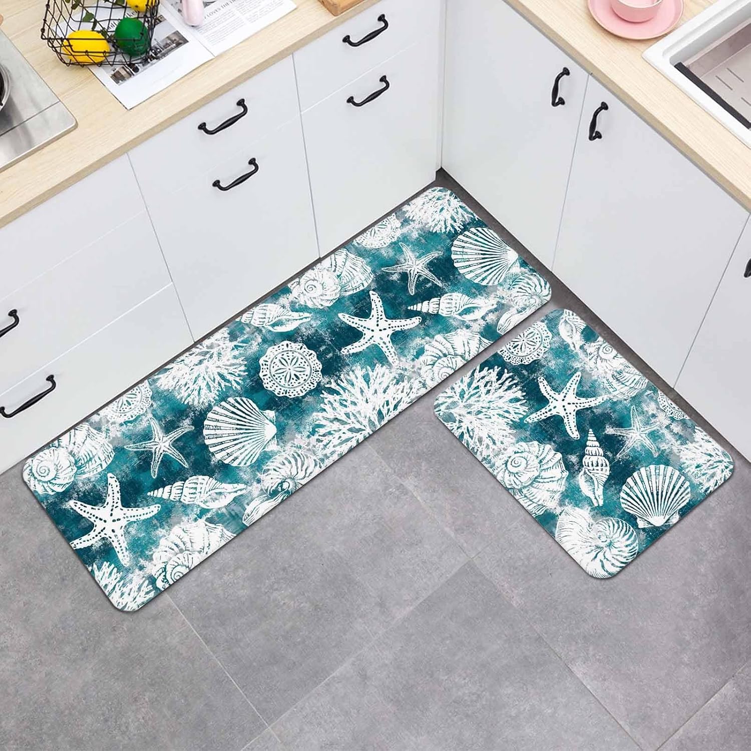 Prime Leader Marine Life Kitchen Mat Set 2 Pieces Brown White Sea Starfish Shells Conch Teal Non Slip Kitchen Rugs Washable Runner Rug Mats for Floor Sink Laundry Office 15.7" x 23.6"+15.7" x 47.2"
