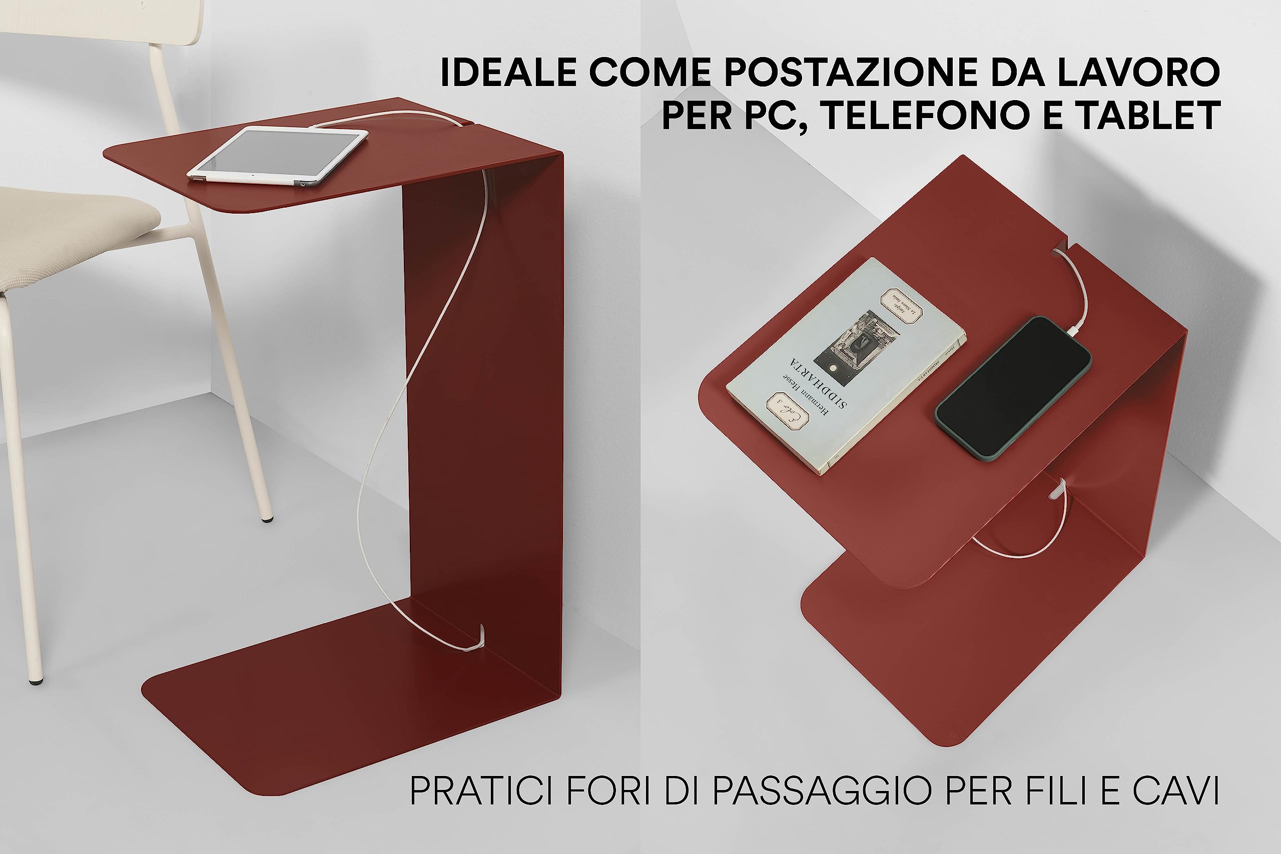 Tavolino Laterale da Divano in Metallo - Tavolino Salotto Moderno, Design Minimal, Tavolino da letto per pc, Sidetable da lavoro, Made in Italy, dimensioni 38x62x30 cm (Rosso Terracotta)