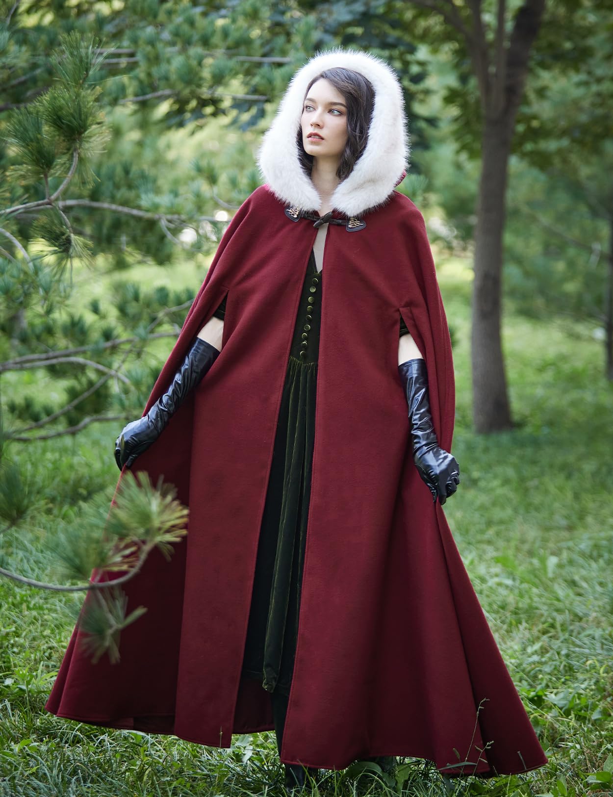 BEAUTELICATE Women Hooded Cape Coat Long Wool Cloak with Hood Vintage Overcoat Plus Size for Winter Wedding Bride Medieval Halloween Christmas Cosplay Costume 140cm - Image 4