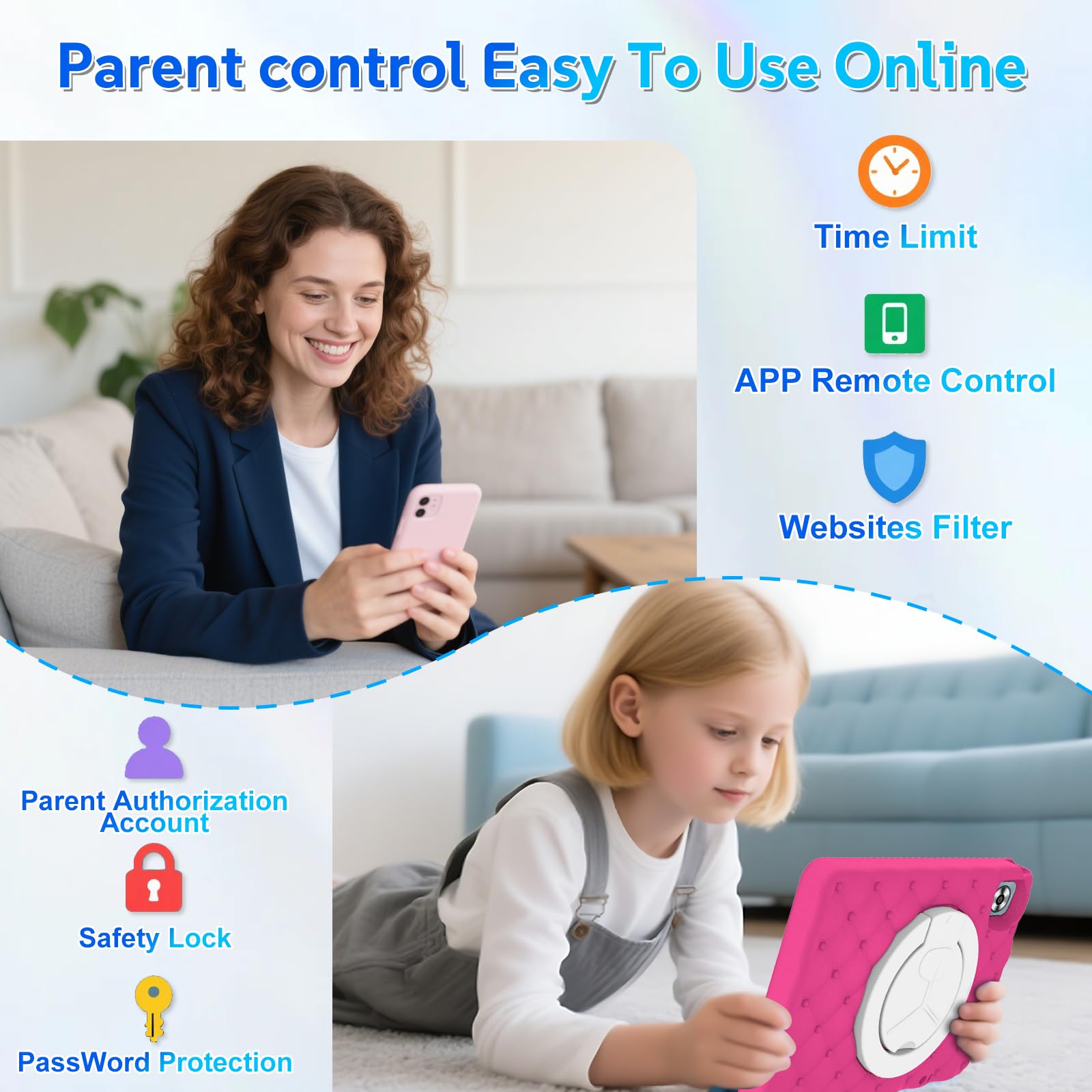 DMOAO Tablette Enfants 10 Pouces Android 15 avec 30Go RAM (TF 2To), 5G WI-FI 6, Widevine L1, Contrôle Parental, 8-Core, Tablette Tactile avec Coque Antichoc EVA + Support Rotatif à 360°,Rose Rouge