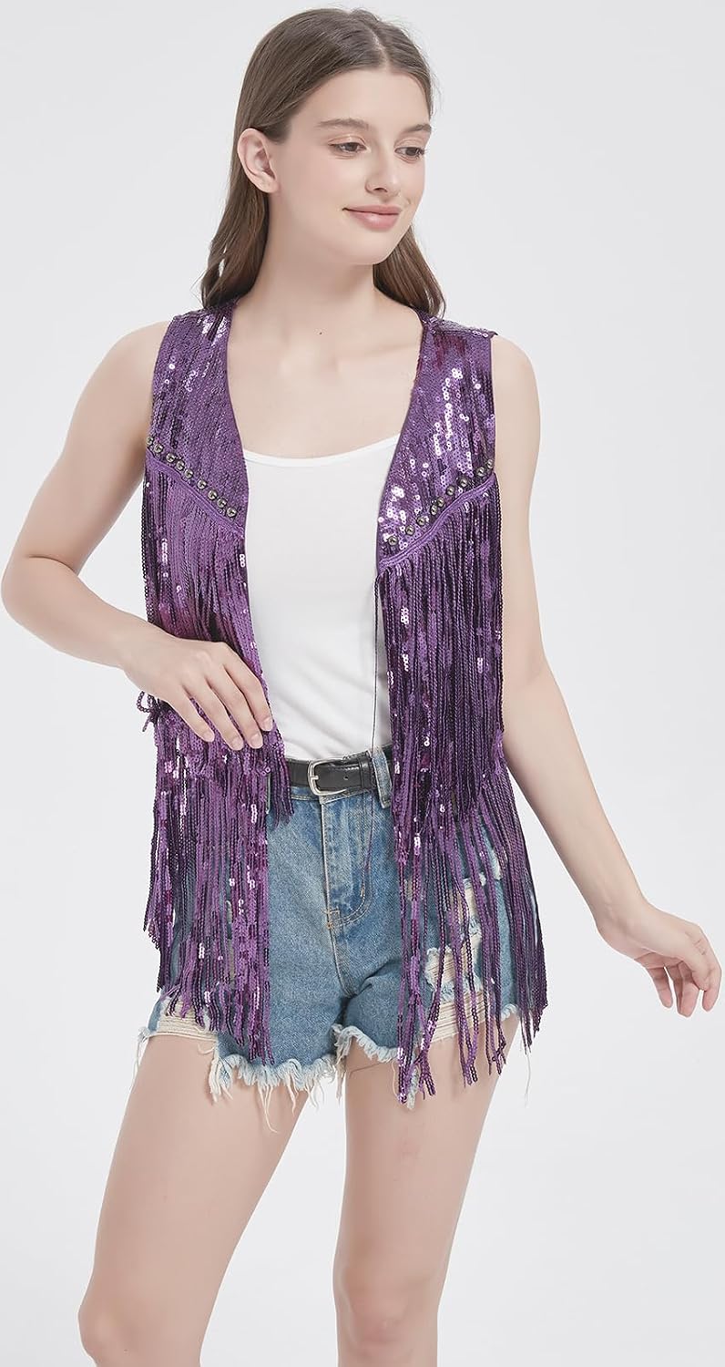 Sequin Fringe Vest - Sparkly Tassels Jacket Rivet Sleeveless Open Front Tops Glitter Party Cowgirl Concert Outfits