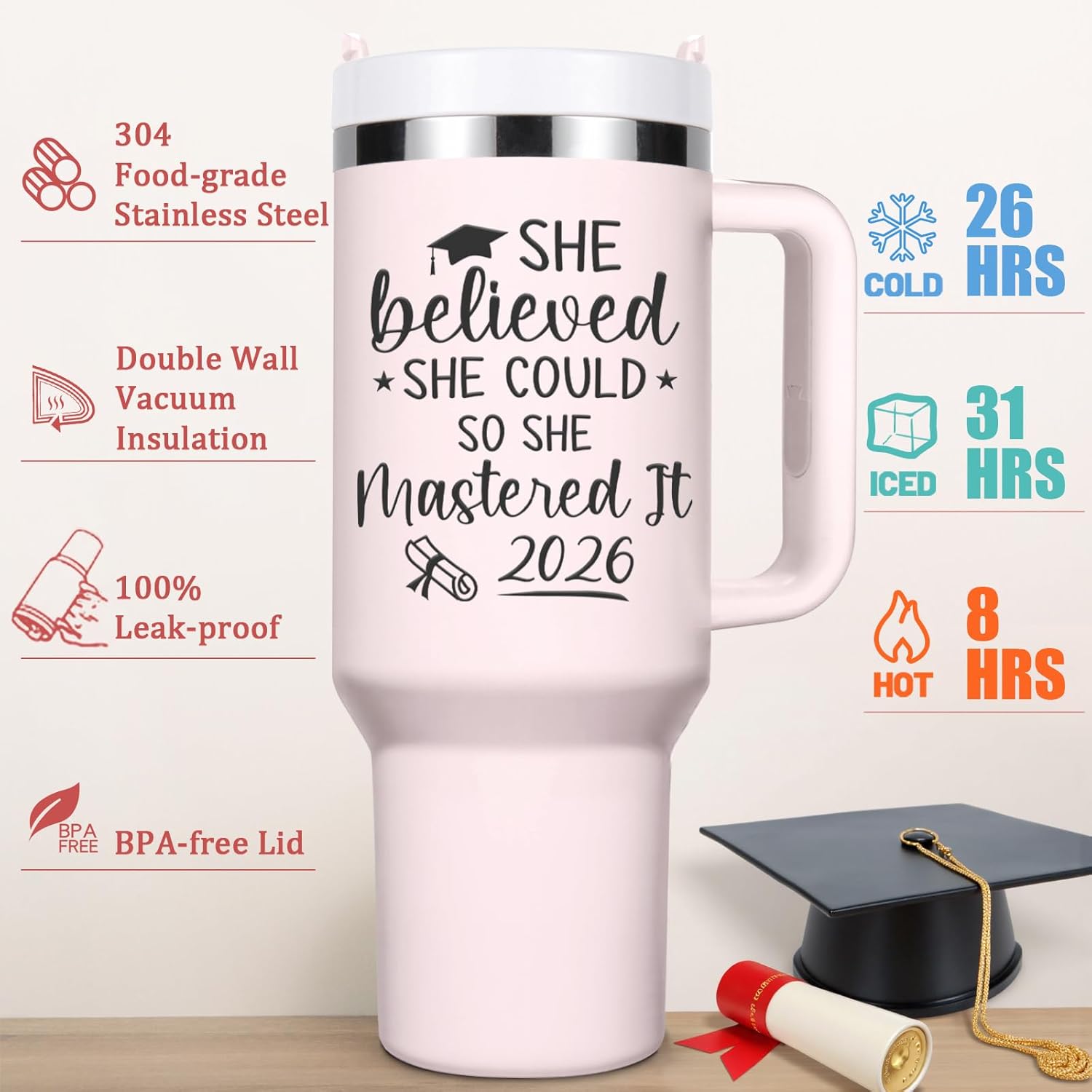 Lifecapido Graduation Gifts for Her, She Believed She Could So She Mastered It 2026 40oz Tumbler with Key Chain, College Masters Degree Graduation Gifts for Graduates Friends Classmates, Rose Quartz