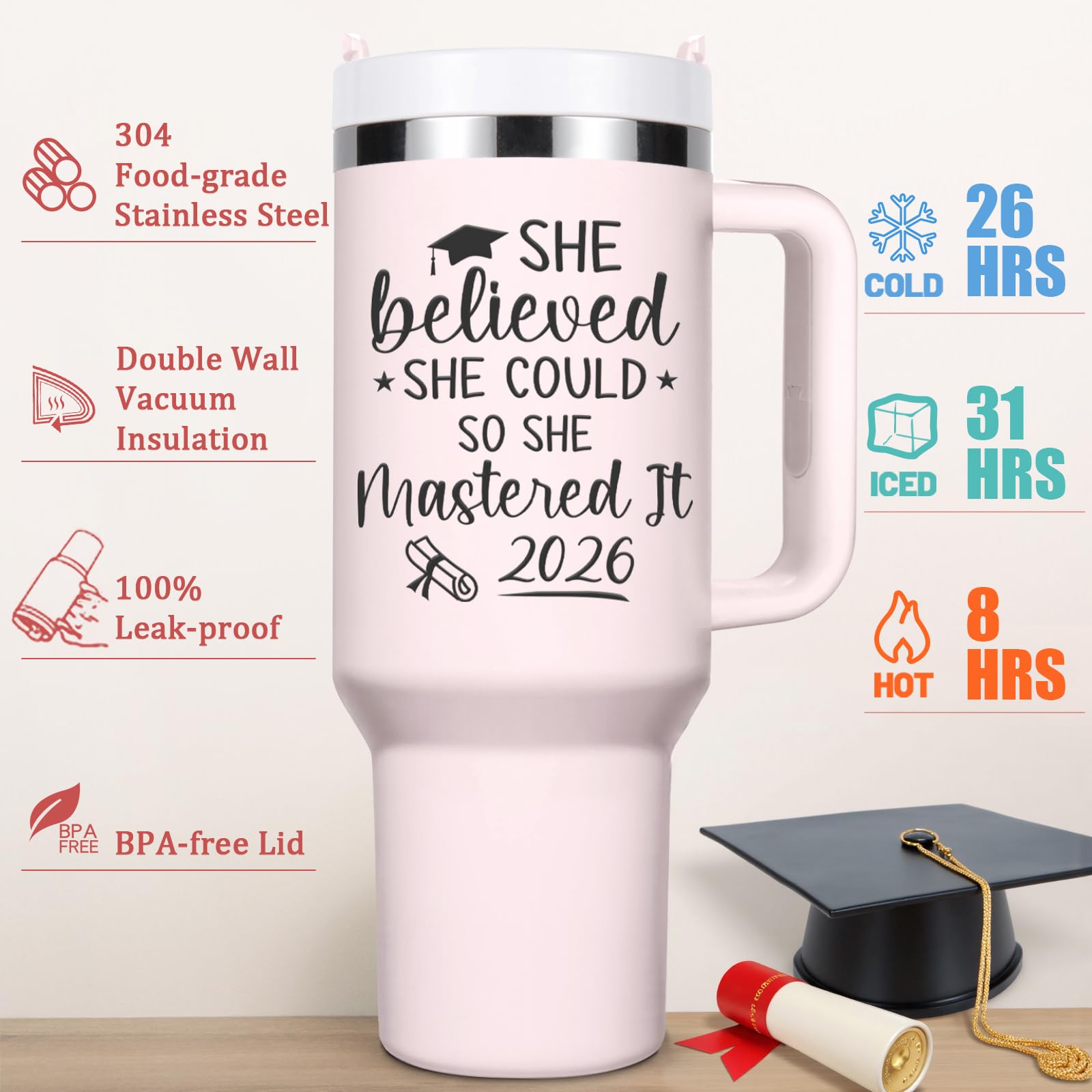 Lifecapido Graduation Gifts for Her, She Believed She Could So She Mastered It 2026 40oz Tumbler with Key Chain, College Masters Degree Graduation Gifts for Graduates Friends Classmates, Rose Quartz