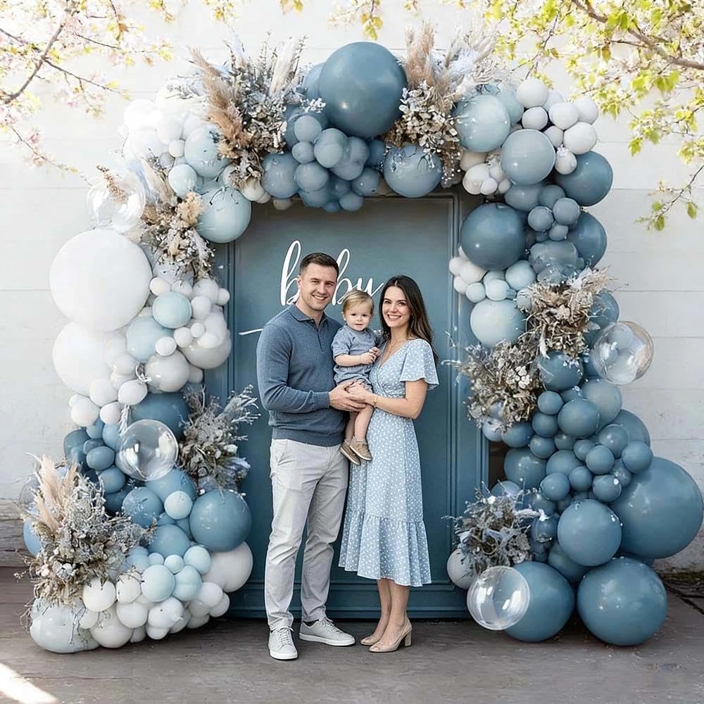 Dusty Blue White Balloon Arch Kit Double Stuffed Pastel Slate Blue White Matte Latex Balloon Garland for Baby Shower Birthday Bridal Wedding Mothers Day Party