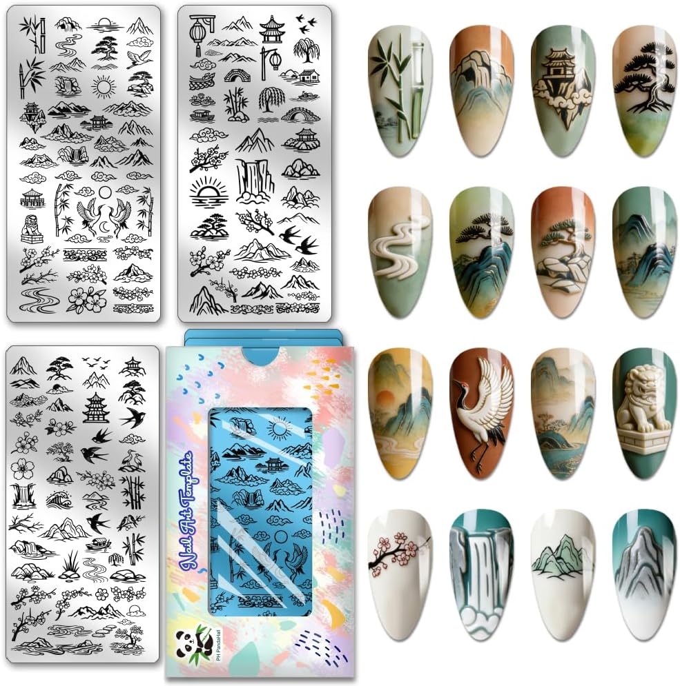 PH PandaHall 3pcs Chinese Landscape Nail Stamping Plates Mountains Rivers Nail Art Templates Bird Crane Nails Image Plates Plum Blossom Nails Design Stamp for DIY Women Manicures Salon Printing