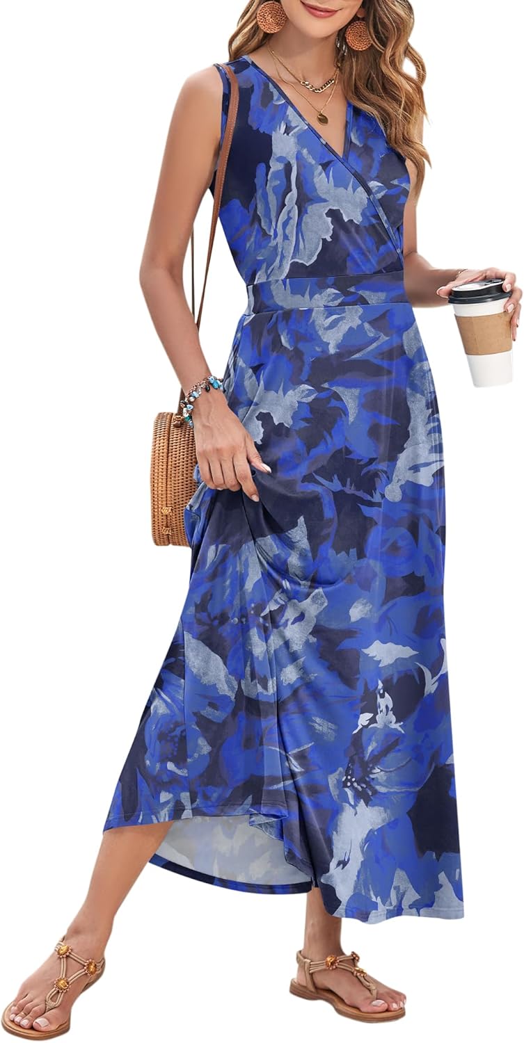 AUSELILY Women's Maxi Dress 2026 Summer Casual Sleeveless Sundress V Neck Wrap Vacation Cocktail Long Dresses with Pockets - Image 2