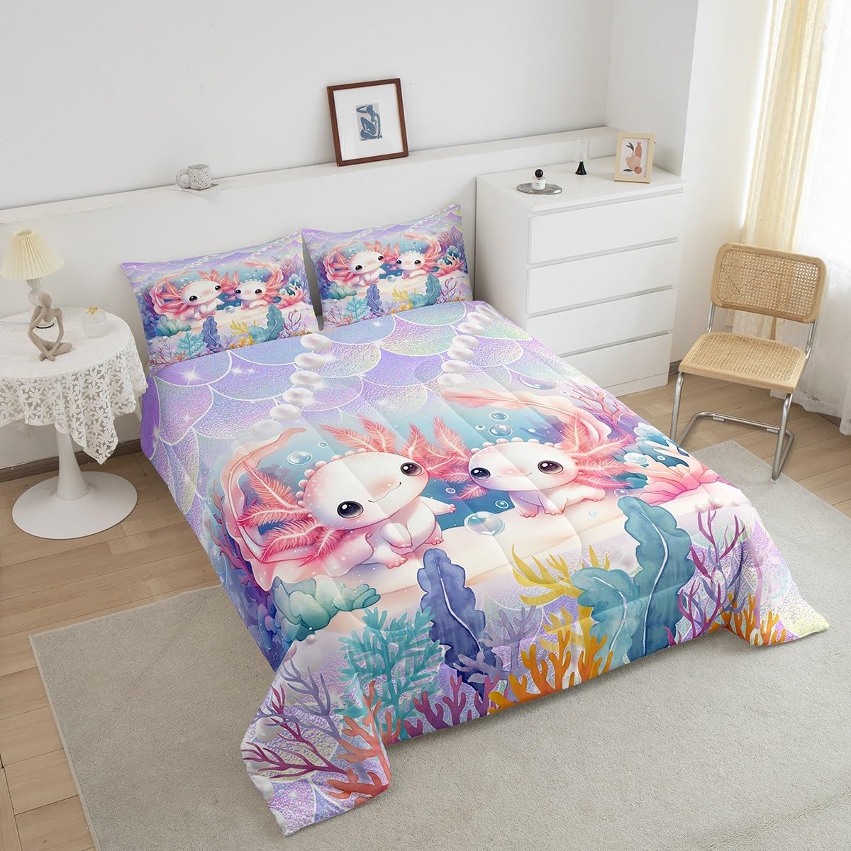 Feelyou Cute Axolotl Comforter Set Toddler Size, 2 Pieces Boys Girls Bed in a Bag,Purple Mermaid Scale Print Bedding Cartoon Ocean Animal Theme Quilt with 1 Pillow