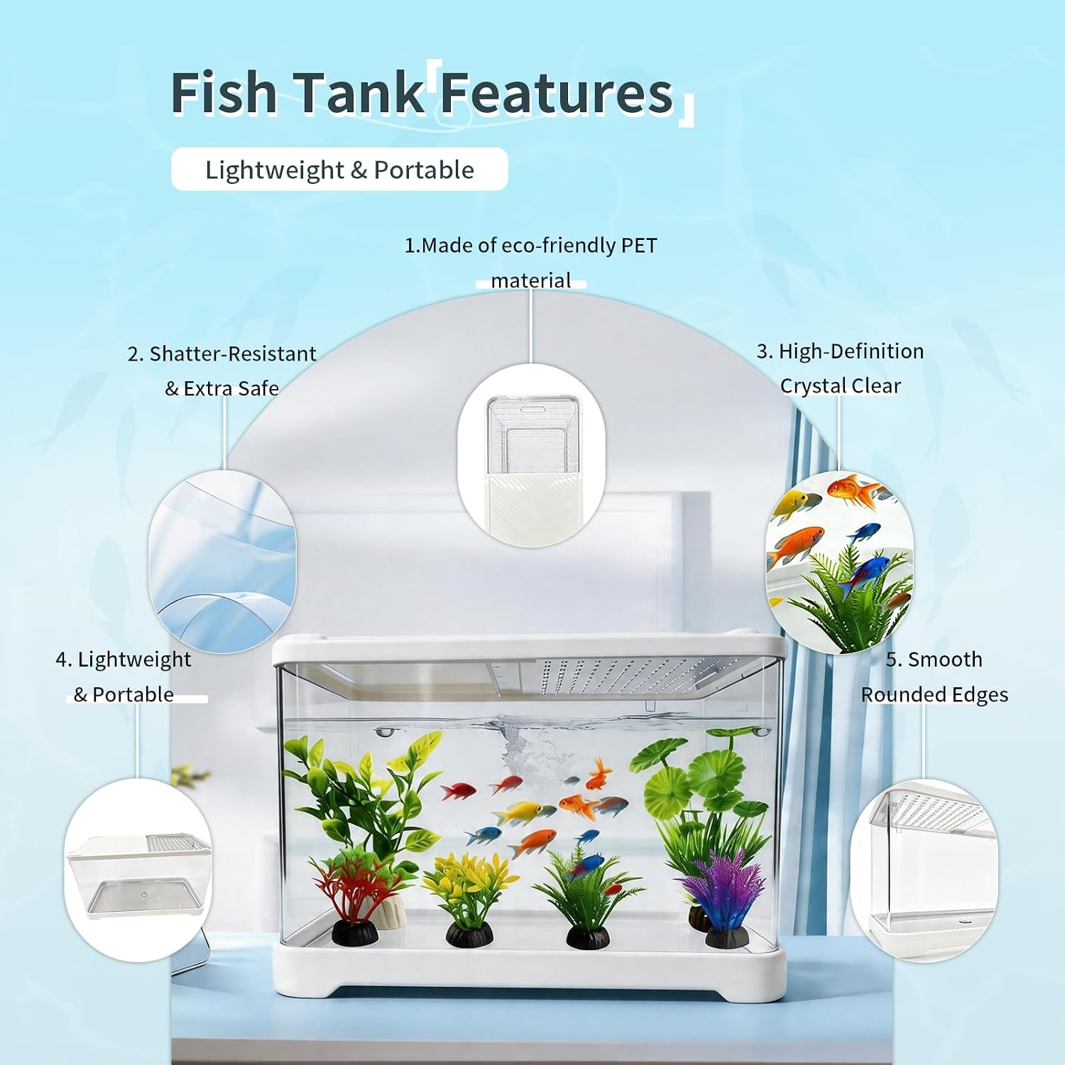 2 Gallon Plastic Betta Fish Tank, Unbreakable Small Portable Fish Bowl - Desktop Aquarium Starter Kit,Clear Rectangular Fish Tank for Goldfish Aquatic Shrimp, 9-Piece Set for Home Decoration.
