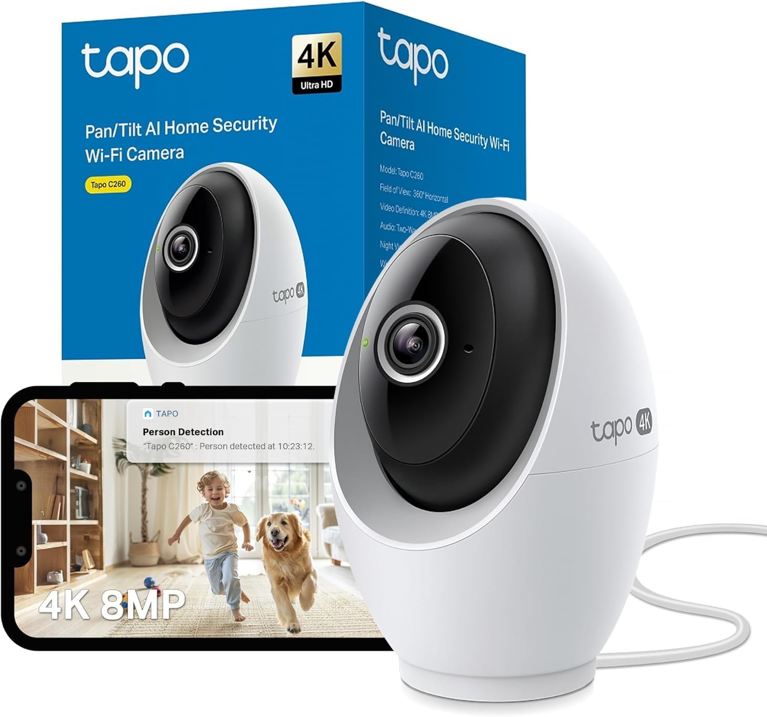 Tapo C260 4K 8MP Überwachungskamera Innen 360°, Lokale KI-Erkennung, Physischer Privatsphärenmodus, 18-Facher Digitalzoom, Bewegungsverfolgung, Zwei-Wege-Audio, MicroSD-Karte Bis zu 512 GB