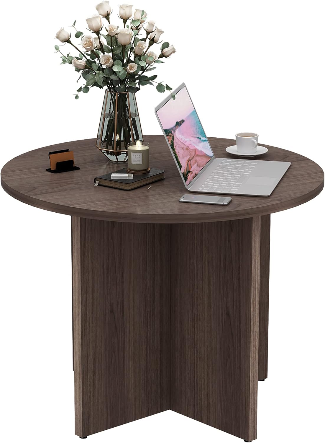 Round Conference Table, 35.4" Small Commercial Meeting Table for Business, Office Table with X-Shaped Wood Base (Walnut)