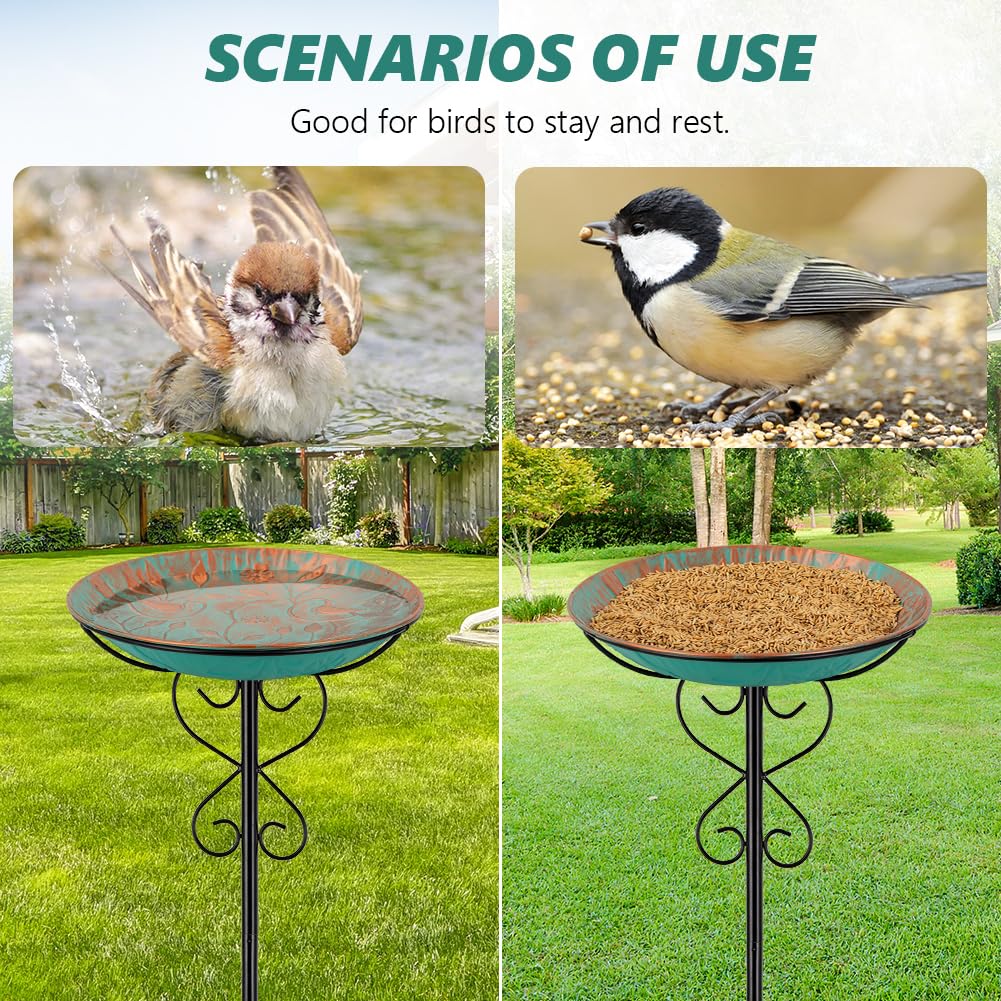 Baño de metal para pájaros al aire libre, baño de pie para pájaros y comedero para pájaros con estaca de hierro fundido para exteriores, jardín, patio, decoración de césped