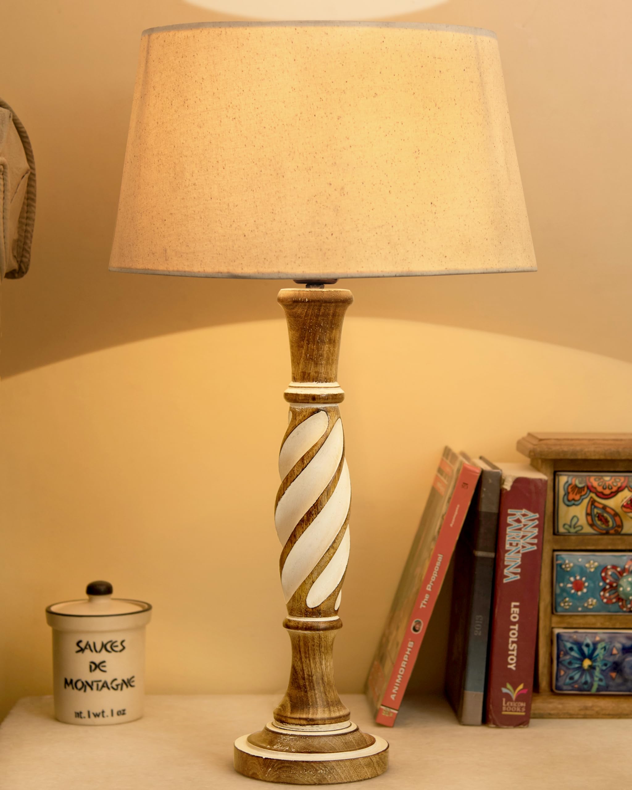 Homesake® Twister White Wooden Rustic Table Lamp | Vintage Spiral Antique Design, Farmhouse Bedside Light for Living Room & Bedroom Home Décor, Beige Shade Drum-image-43