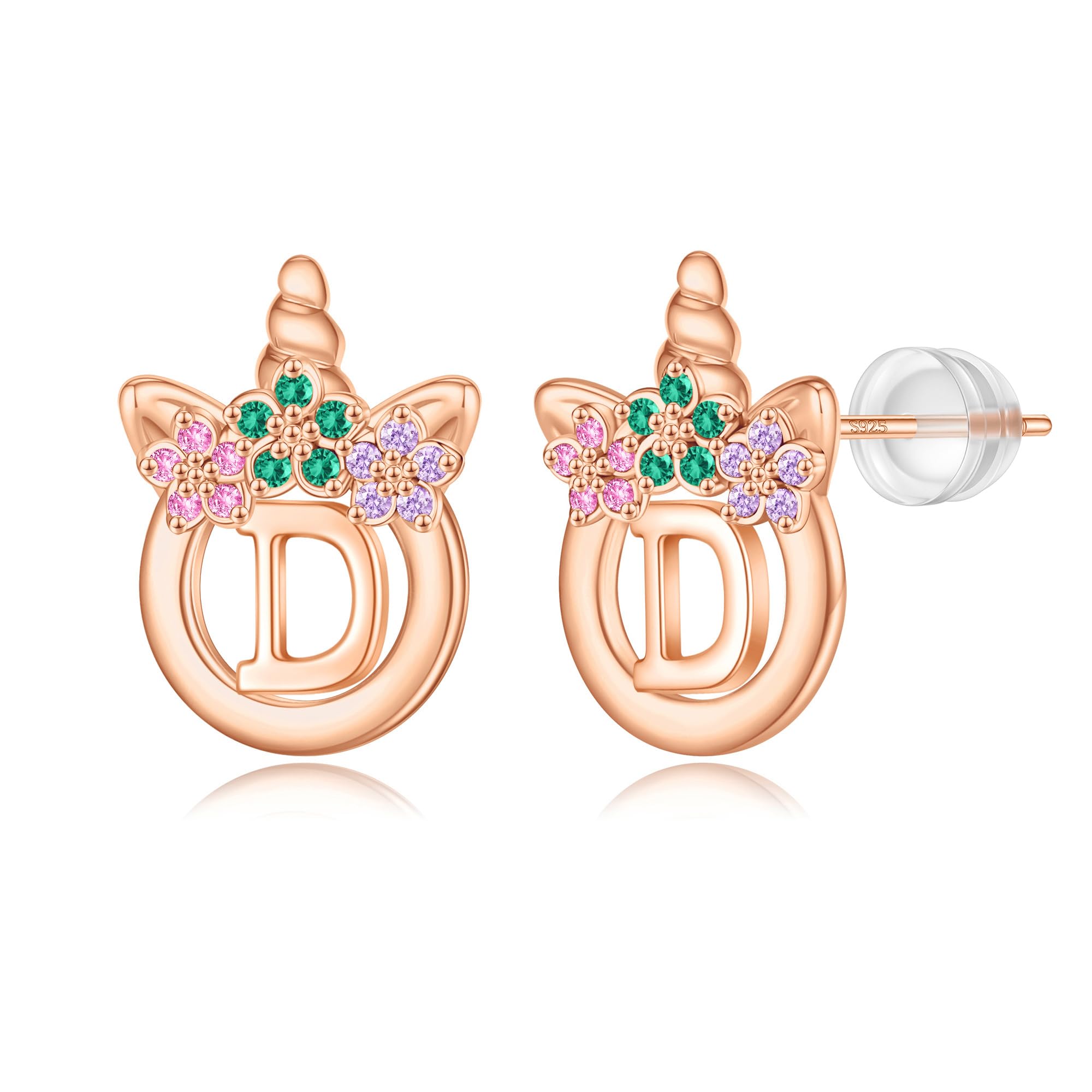 Unicorn Earrings Gifts for Girls - 925 Sterling Silver Stud Earrings Hypoallergenic Initial Unicorn Earring for Girls Kids Jewelry CZ Birthday Gifts