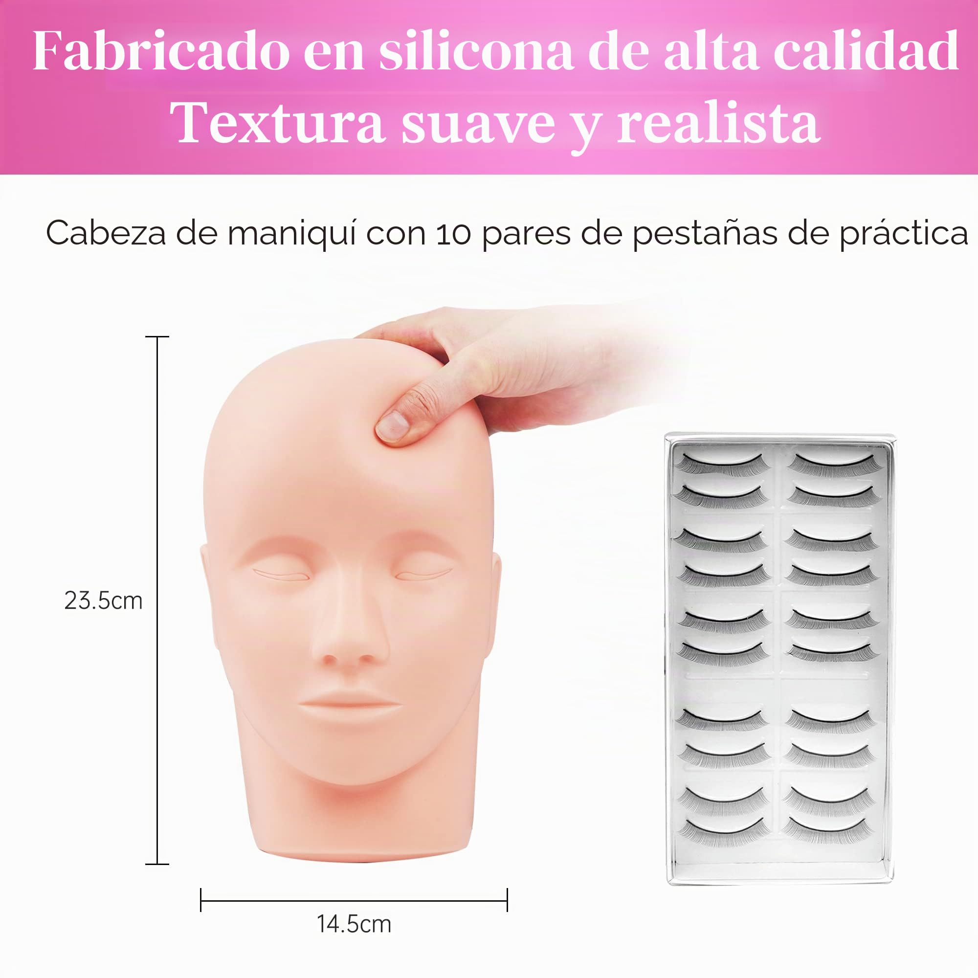 Beauty7 Cabeza Silicona de Maniquí Maquillaje Entrenamiento para Extensiones de Pestañas con Pestañas de Práctica Autoadhesivas
