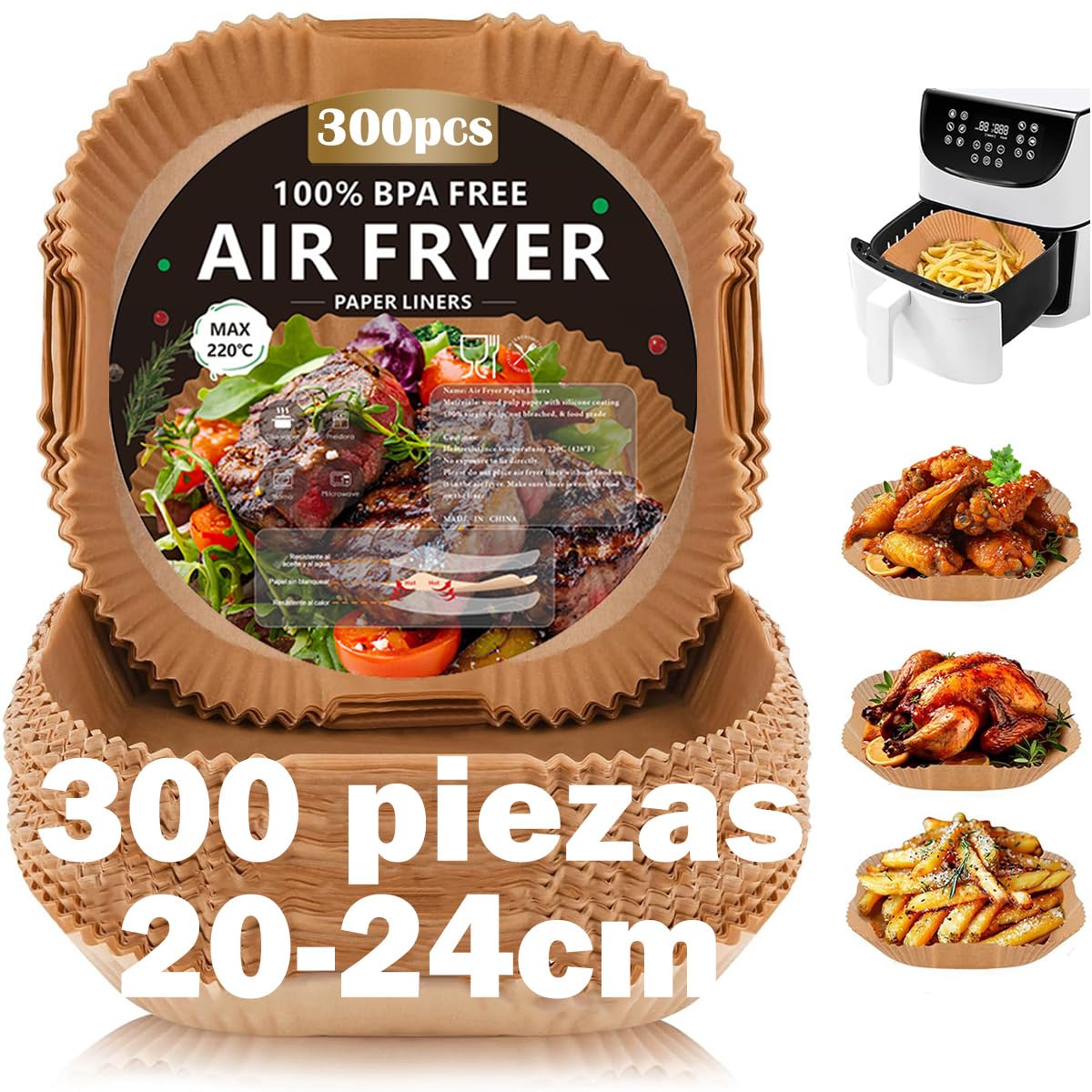 Papel Freidora Aire, 300 Piezas Papel Air Fryer Cuadrado 5-8L BPA Free 20-24CM, Material Seguro y Sostenible, papel para freidora de aire perfecto para COSORI Cecotec 5.5L 6L