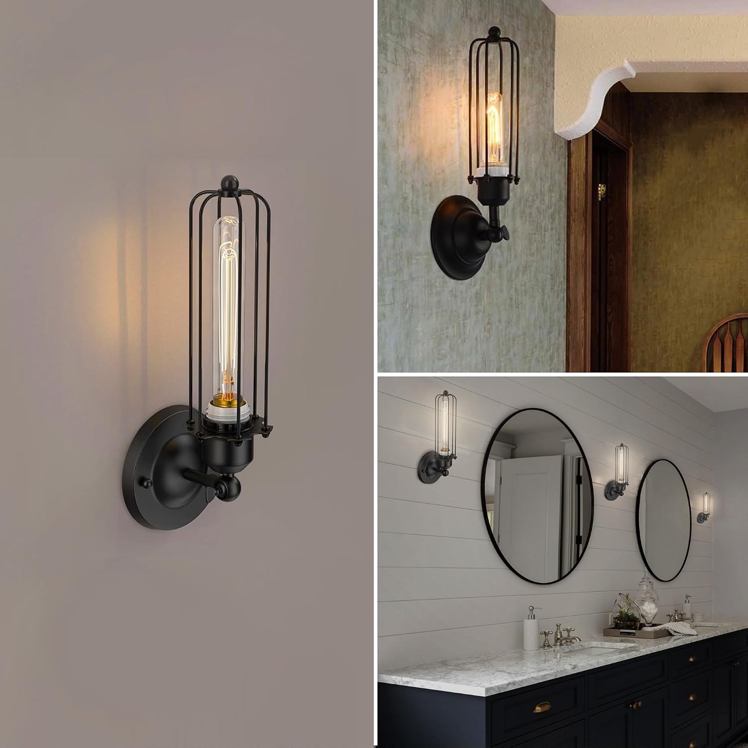 LEDMyPlace E26 Base Bathroom Vanity Light Modern Matte Black Wall Light for Kitchen Bedroom Living Room Hallway and Farmhouse, Decorative Wall Lamp Clear Glass Shade with Cage