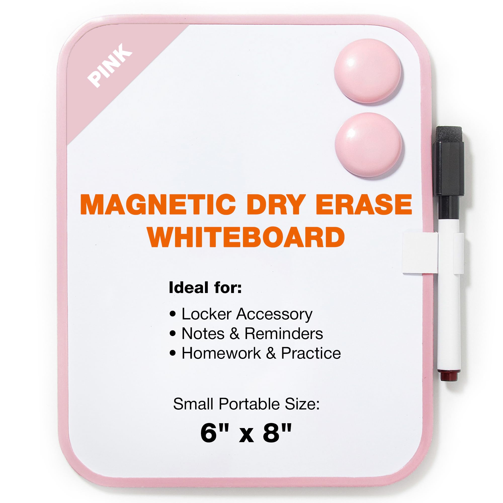 Cerem Magnetic Dry Erase Board for School Locker, 6" x 8" Marker and 2 Magnets - Small Whiteboard for Classroom, Home, Office, Travel - Pink