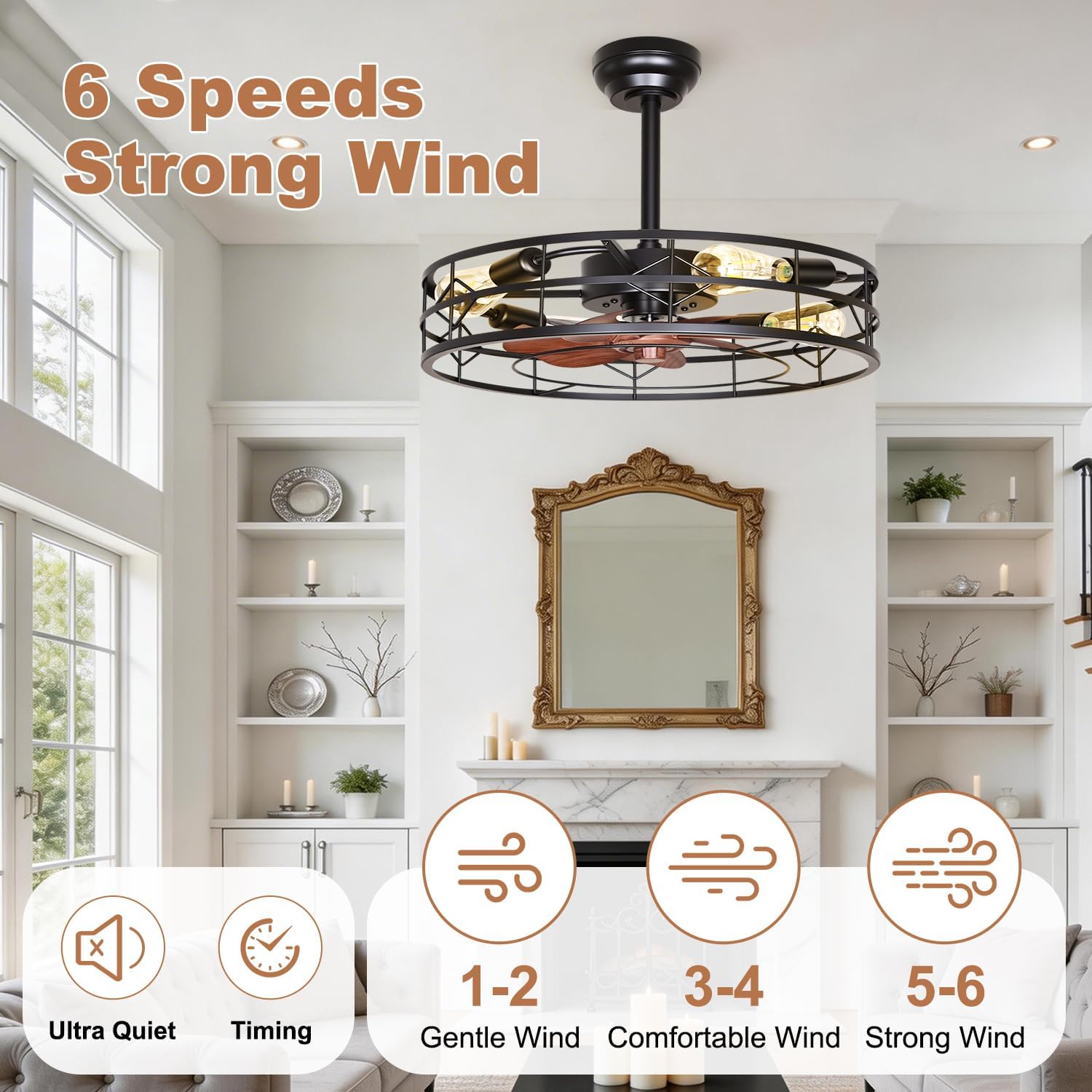TCL 24 Inch Caged Ceiling Fan with Light and Remote, Low Profile Flush Mount Fandelier, Rustic Farmhouse Style Ceiling Fans for Bedroom, Kitchen, Easy to Install