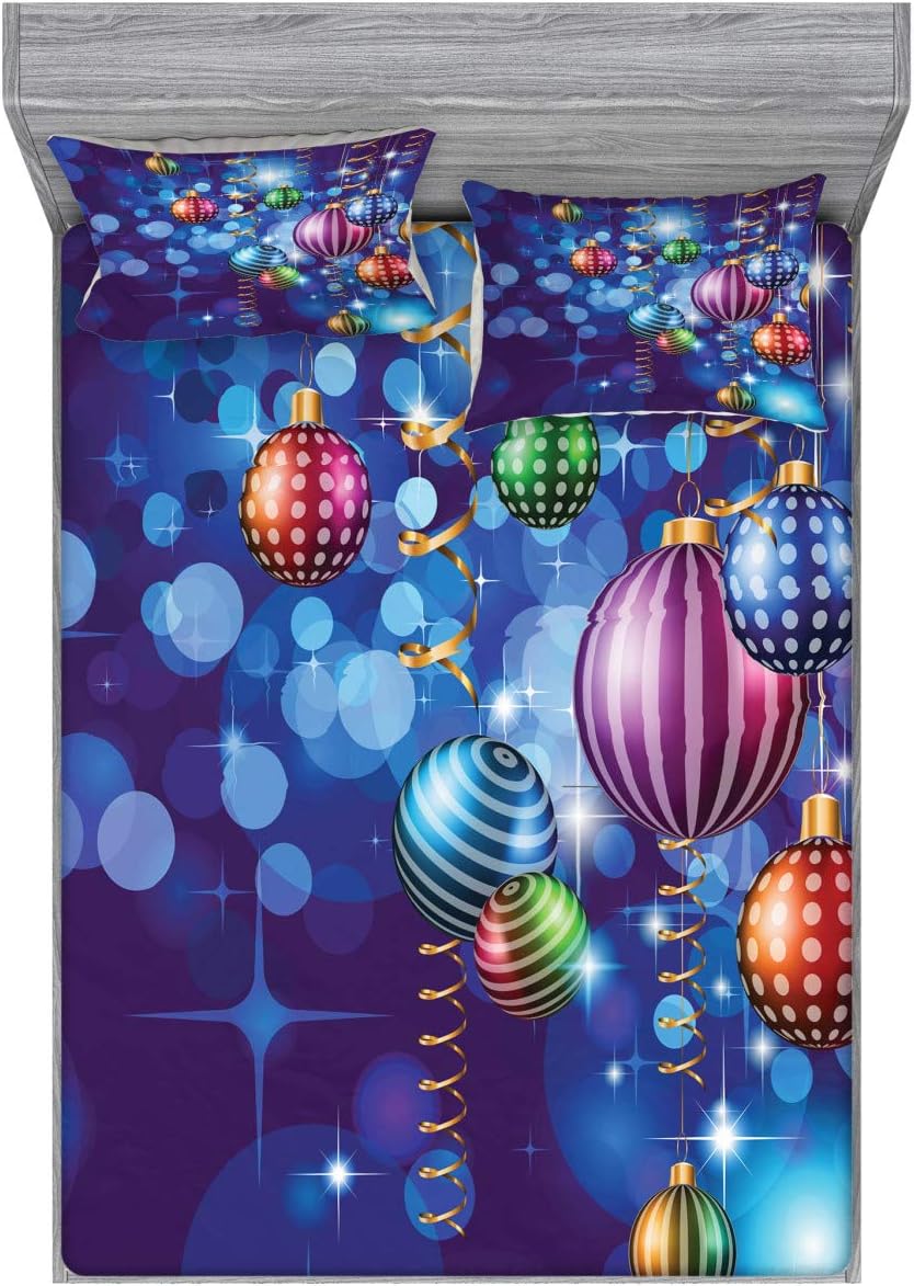 Ambesonne Christmas Fitted Sheet & Pillow Sham Set, Happy New Year Party Celebrations Swirling Ornaments and Balls Print, Decorative Printed 3 Piece Bedding Decor Set, Full, Purple Navy
