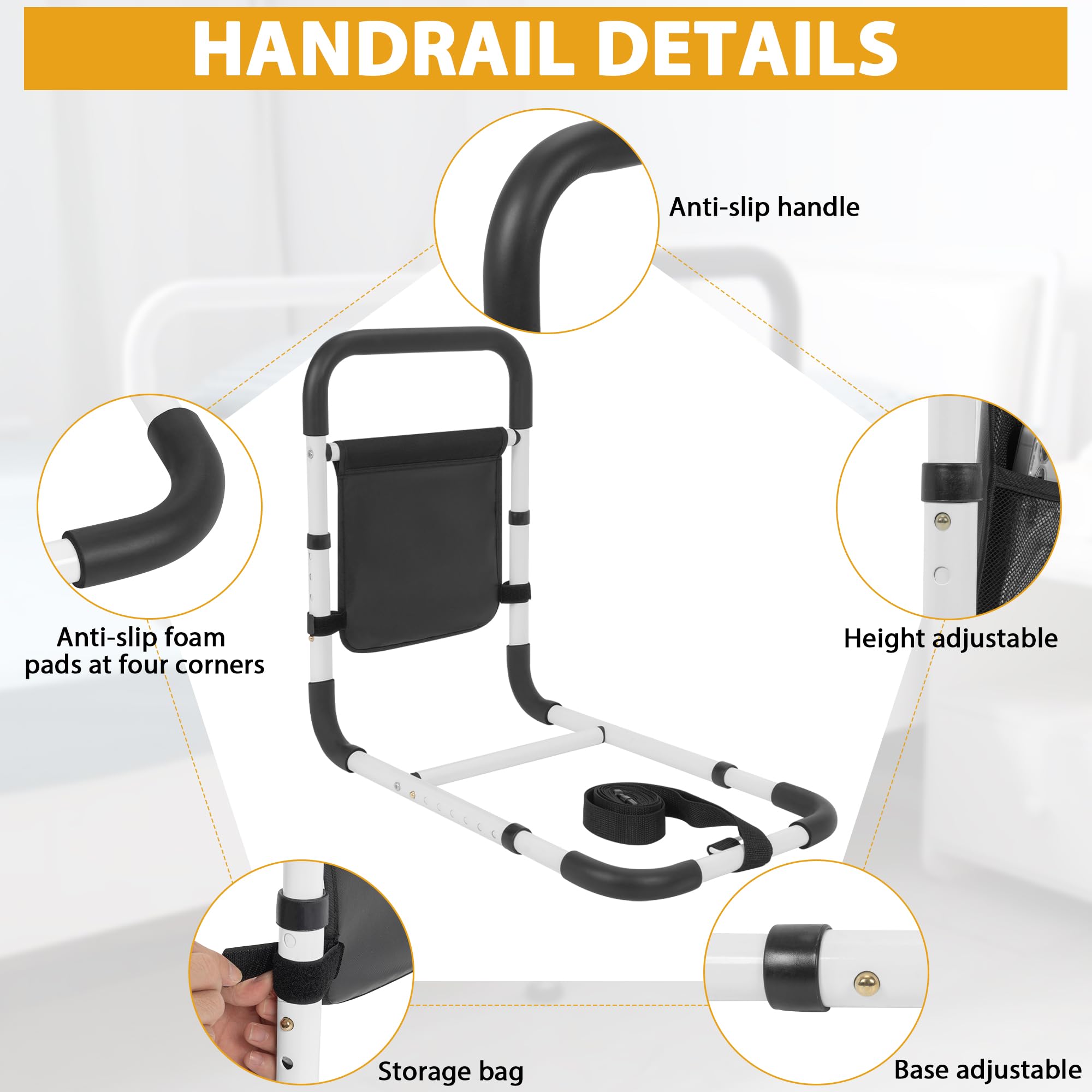 AKOZLIN Binari per letto per anziani e adulti, con borsa portaoggetti, cinghia di fissaggio per prevenzione delle cadute, maniglia di sicurezza regolabile con cinghia di fissaggio, supporto fino a 150