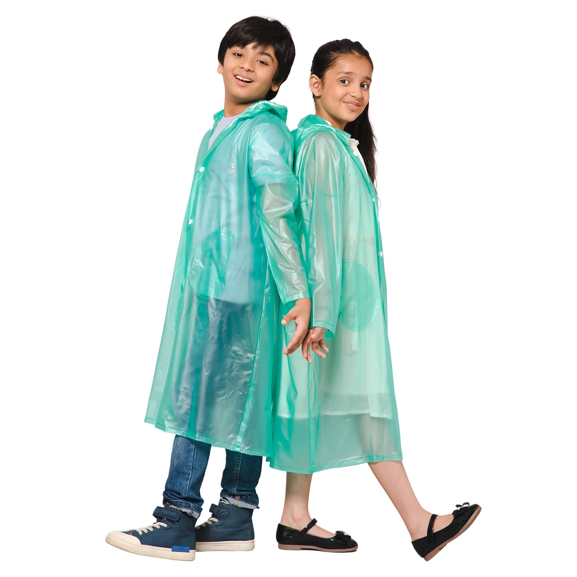 THE CLOWNFISHPolyester Drench Dew Series Unisex Kids Waterproof Single Layer Pvc Standard Length Longcoat/Raincoat With Adjustable Hood.