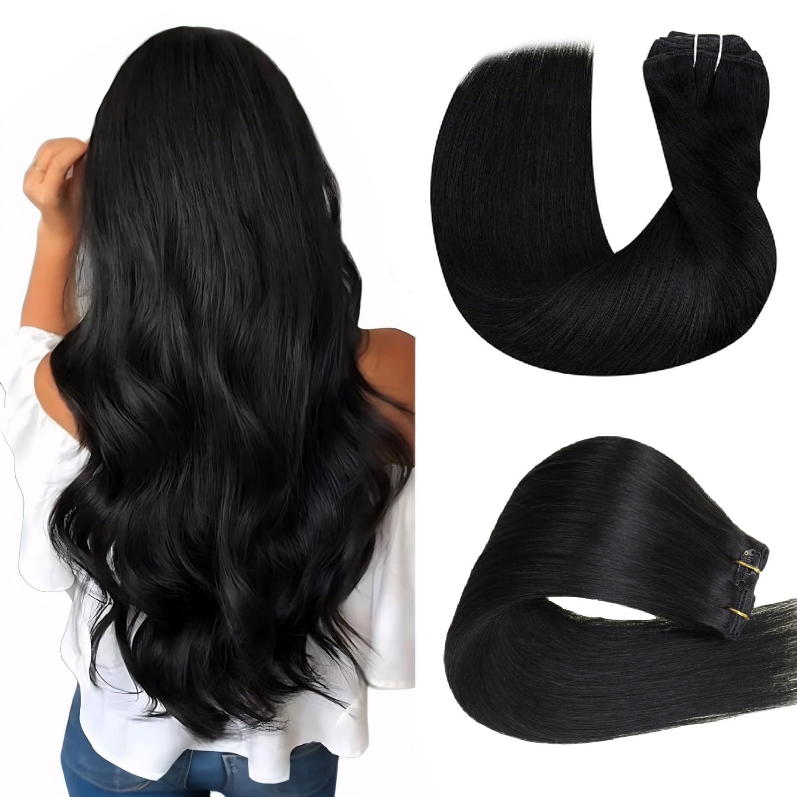 Hetto Clip in Hair Extensions Real Human Hair Jet Black Hair Extensions Clip ins Real Human Hair Black 14 Inch 5pcs 80G
