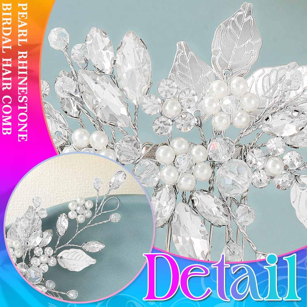 Unsutuo Silver Rhinestone Hair Combs Pearl Flower Headpieces Leaves Weddinig Hair Accessories for Women and Girls (Silver)