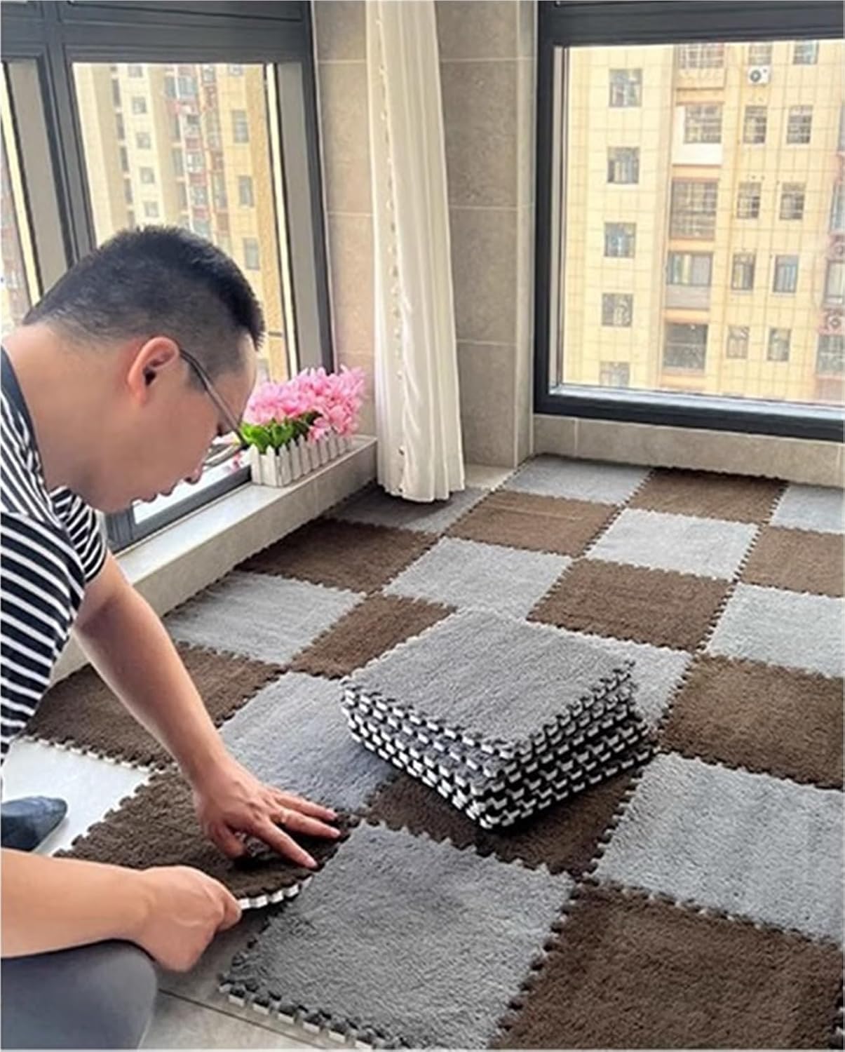 Kids Room Tiled Puzzle Play Mats with Border, 12 X 12 X 0.4 Inch Interlocking Carpet, Fluffy EVA Foam Mats, Climbing Area Carpet for Home Playroom, Exercise Play Mat(Coffee+Gray,9PCS)