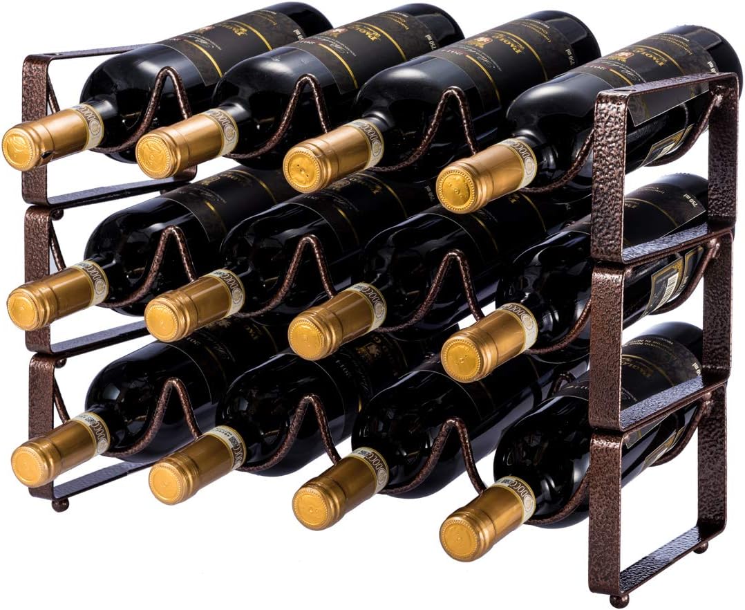 3 Tier Stackable Wine Rack, Countertop Cabinet Wine Holder Storage Stand - Hold 12 Bottles, Metal (Embossed Bronze)
