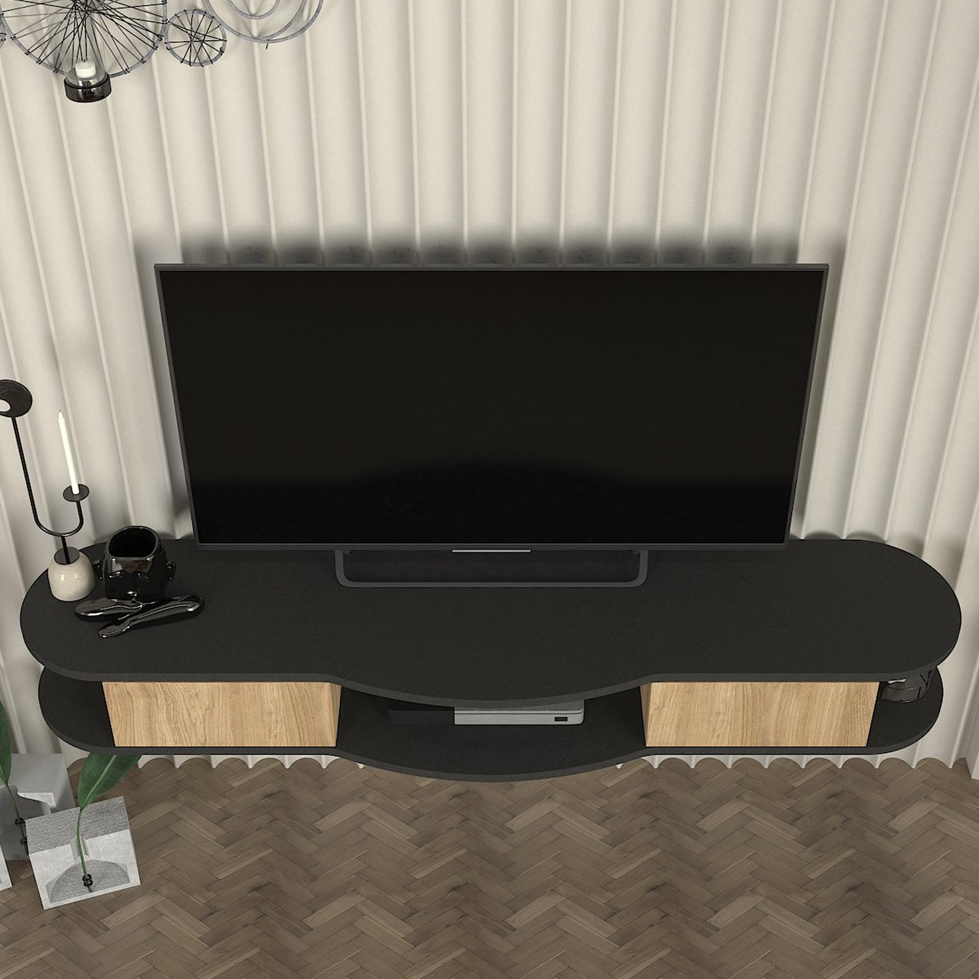[en.casa] Mobile Porta TV da Parete a 2 Scomparti Chiusi da Ante a Ribalta Vano Aperto Mensola Sospesa Stand Multimediale con Fori Passacavi 150x35x19 cm - Antracite/Effetto Rovere