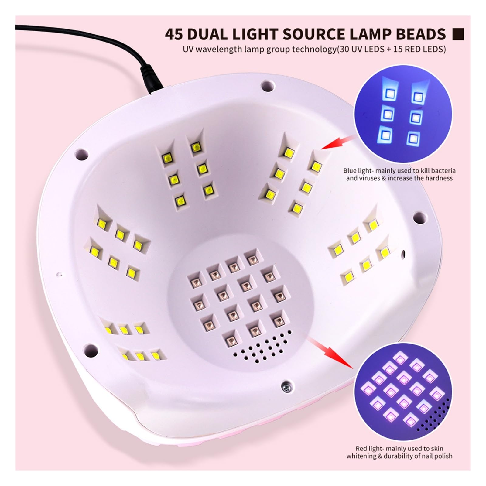 lampada per unghie, Lampada portatile 45 LED con maniglia, doppia sorgente luminosa(Roze)