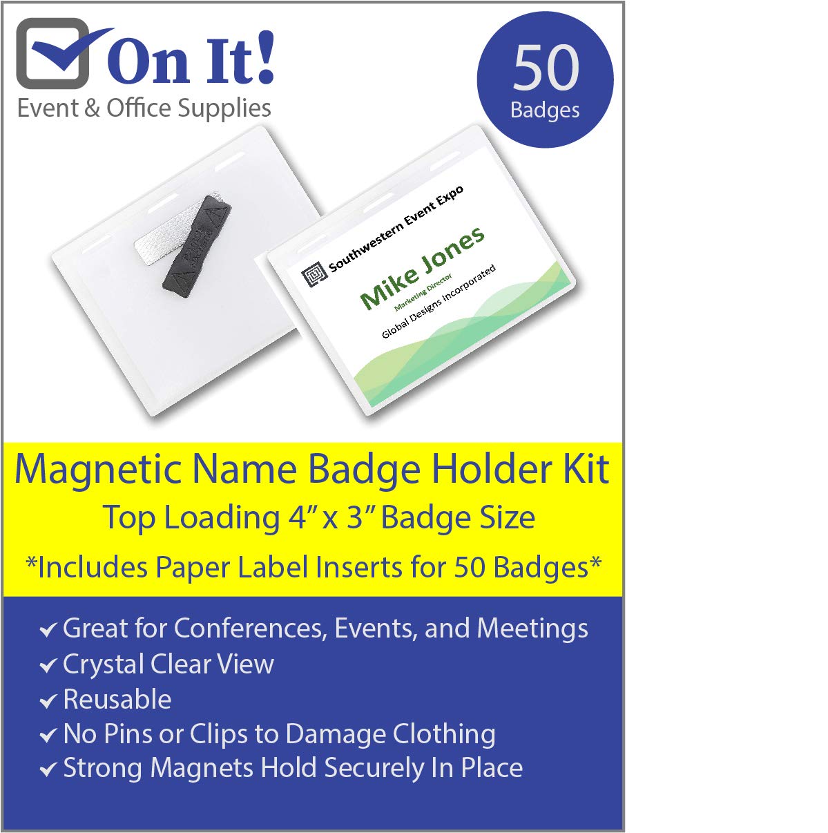 Name Badge Holder Kit Box of 50, 4x3 inch Clear Name Tag Holders for Conferences