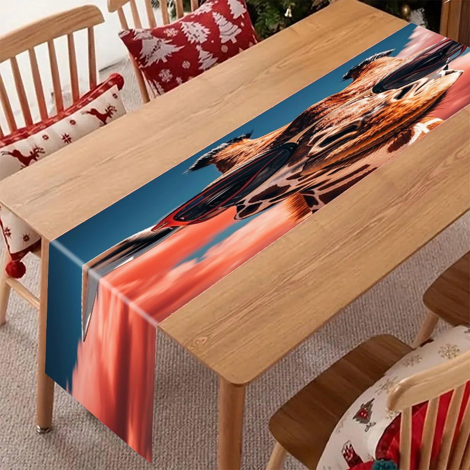 Giraffe Wearing Sunglasses Table Runner Modern Art Farmhouse Linen Table Runner Dresser Scarf Seasonal Kitchen Dining Table Decoration Dresser Scarves for Home Party Decor 13x70 Inch