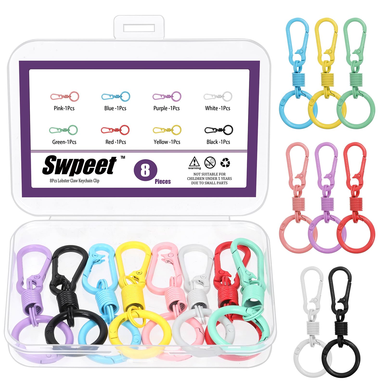 Swpeet 8Pcs 8 Color Keychain Spring Clips with O Rings Kit, Quick Release Key Chain Rings, Small Carabiner Clip, Metal Snap Hook Clip Spring Holder for Car Keyrings Purses Straps DIY Crafts