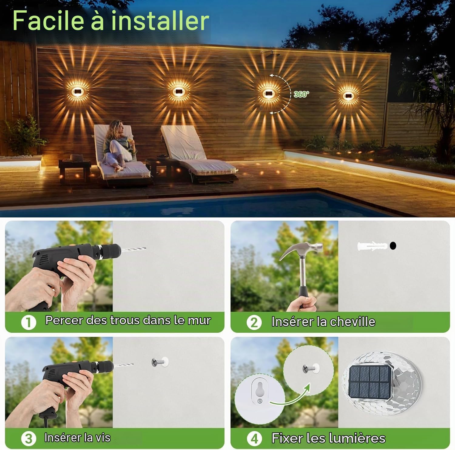 Quntis Lot de 8 Applique Solaire Exterieur avec Effet Lumineux à 360°