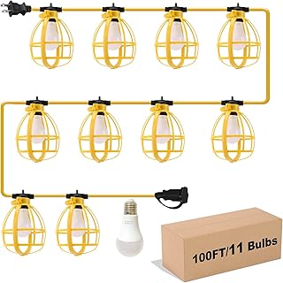 100FT Construction String Lights, 100W 11 Bulbs Work Lights with E26 Base, Construction Lights