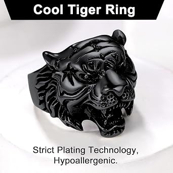 U7 Awesome Cool Tiger/Dragon Stainless Steel Rings for Men Boys, Punk Gothic Ring Jewellery, Silver/Black/Gold Plated Color, Name Customizable, Size #7-14, Send Gift Box