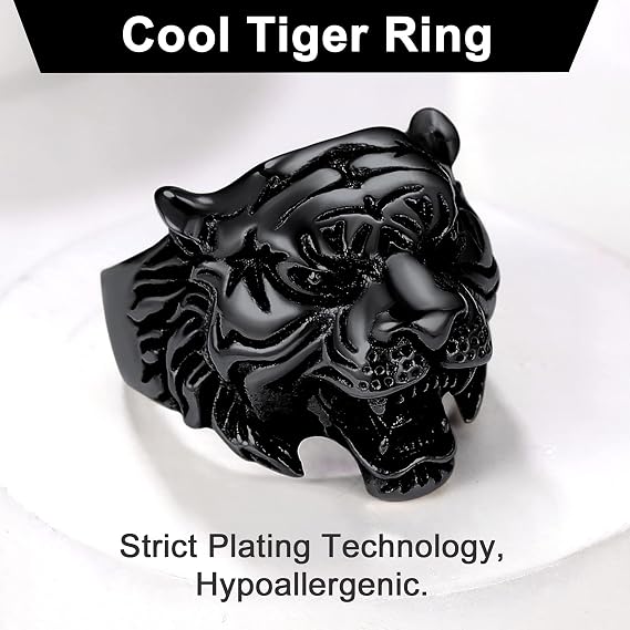U7 Awesome Cool Tiger/Dragon Stainless Steel Rings for Men Boys, Punk Gothic Ring Jewellery, Silver/Black/Gold Plated Color, Name Customizable, Size #7-14, Send Gift Box
