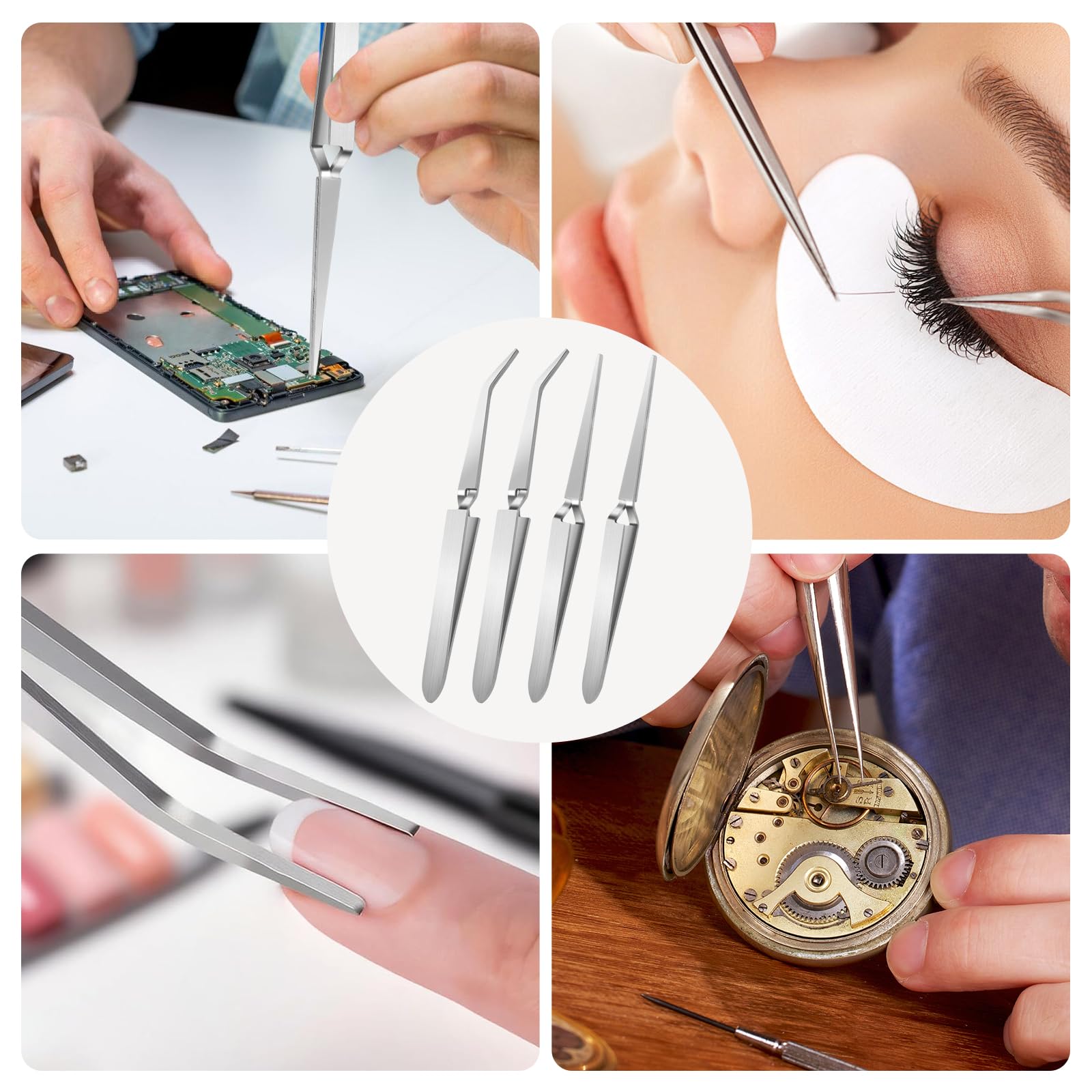 GVSS 4 Pièces Pince à Pincher en Acier Inoxydable 148 mm,Pince a Pincher pour Ongle avec Bouts Droit et Courbé,pour Extensions de Cils DIY,Manucure,Art des Ongles et Réparations de Montres