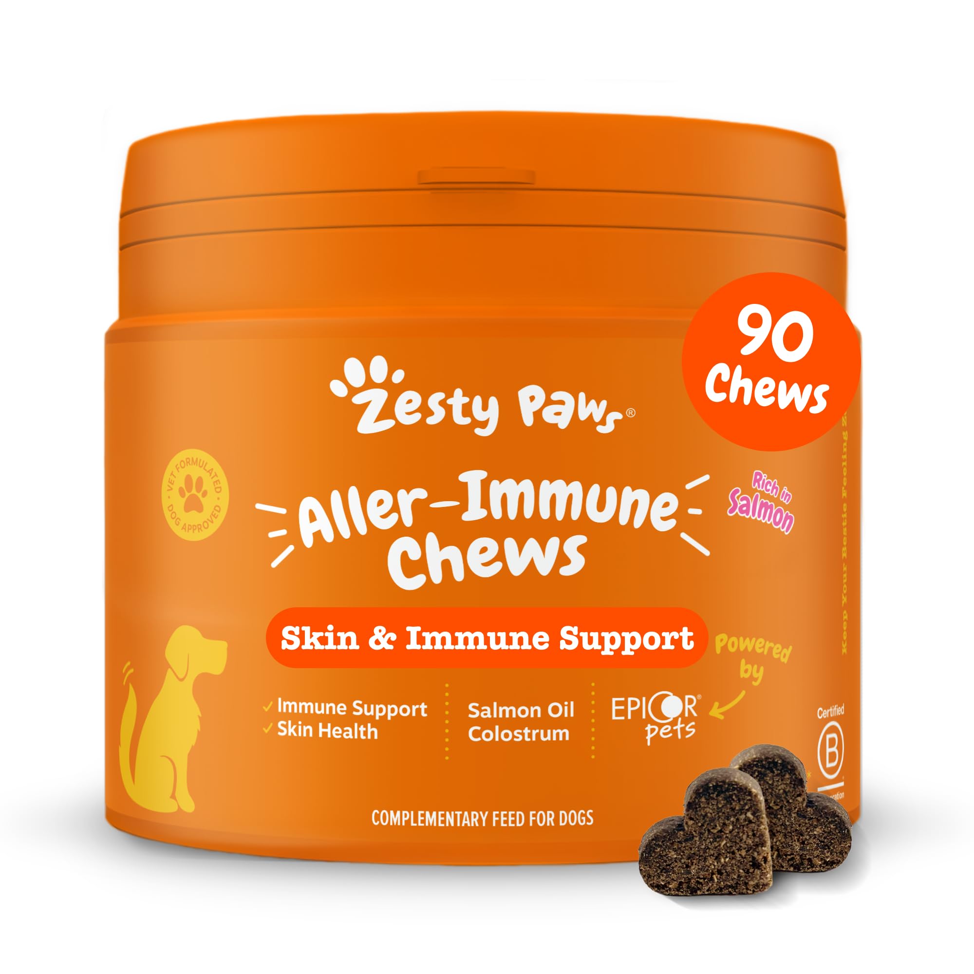Zesty Paws Aller-Immune Chews for Dogs | Supports Immune Function, Helps Gut, Skin & Coat Health, For Itchy, Dry Skin | Contains Salmon Oil, Prebiotics, Probiotics, Vitamin A | Daily Use | 90 Chews