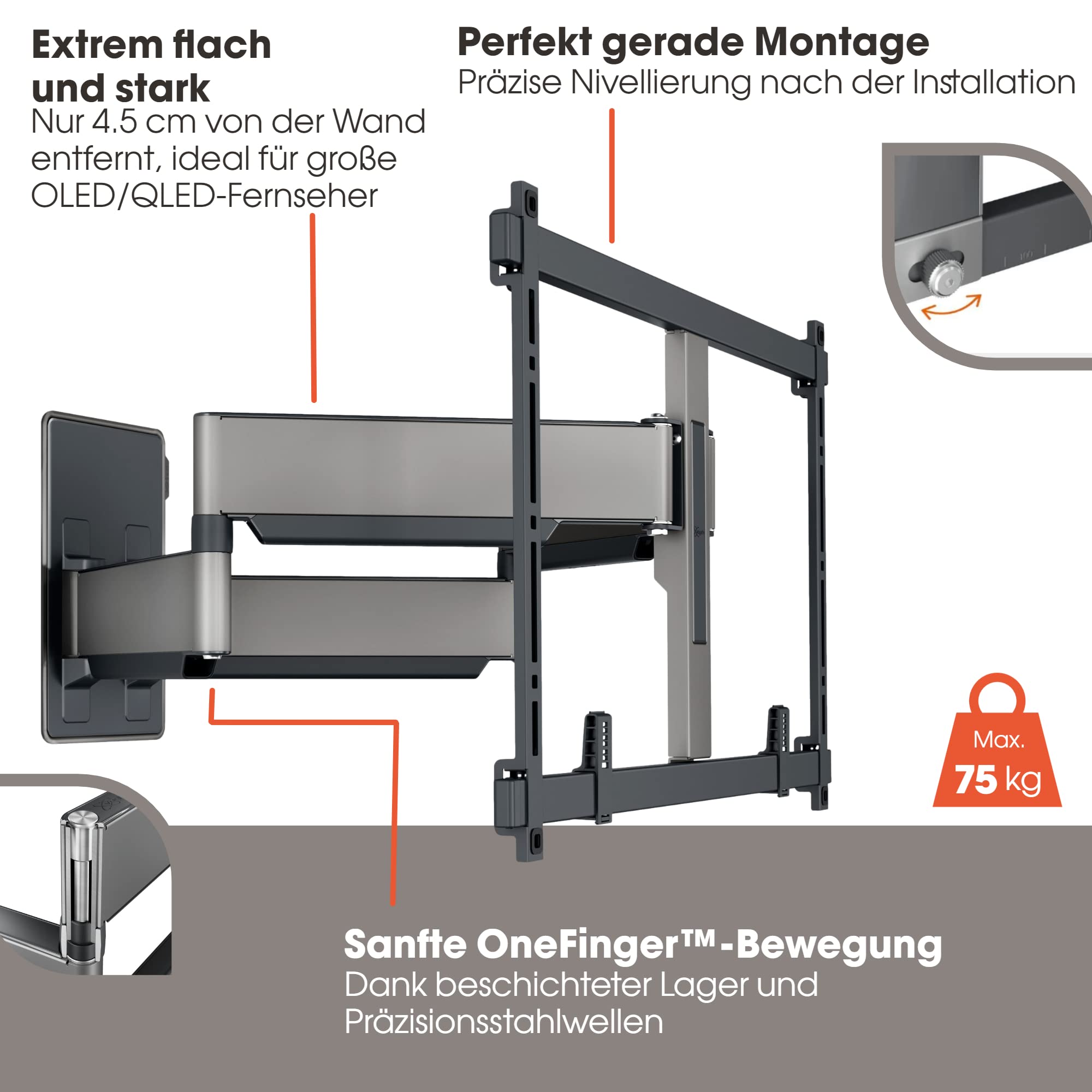 Vogel's Elite TVM 5855 Ultrastarke schwenkbare TV-Wandhalterung für große und schwere Fernseher von bis zu 100 Zoll und 75 kg, Schwenkbar bis zu 120°, Max. VESA 600x400, Universelle Kompatibilität