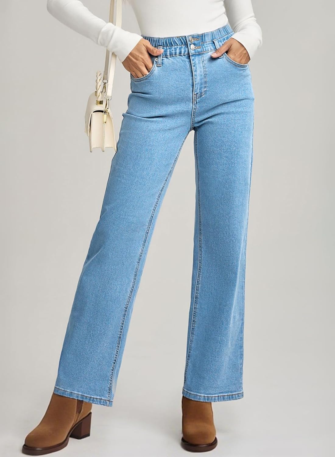 Astylish Women's Pull On Stretchy Elastic High Waisted Jeans Trendy Wide Leg Baggy Straight Trouser Jeans - Image 3