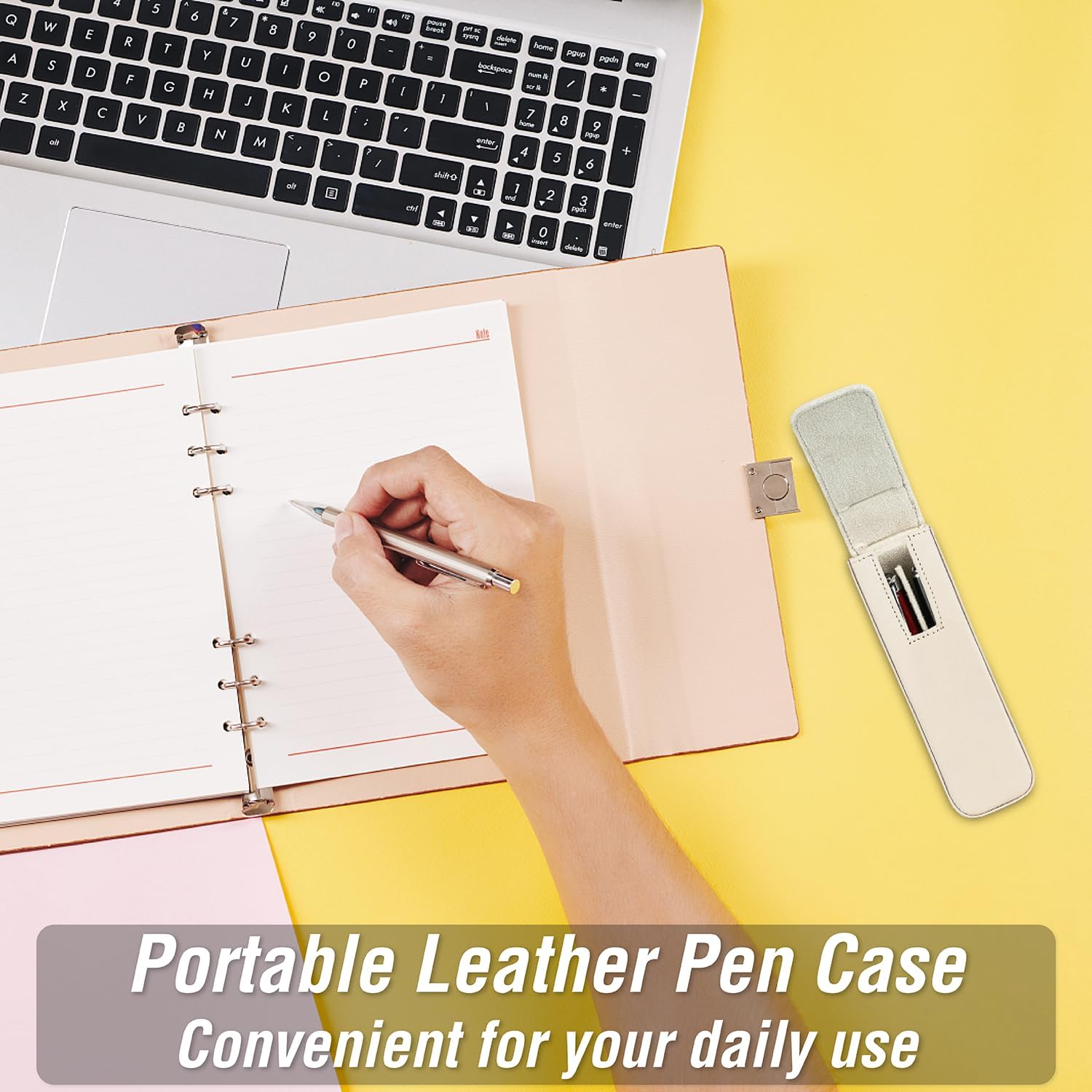 Top Grain Genuine Leather 2 Fountain Pen/Pencil Case Holder, Minimalist Fashion Design, Handmade, Magnetic Closing with Drawer Design, Gift Choice for Man/Woman/Office, Glossy Nude, 2 Slots