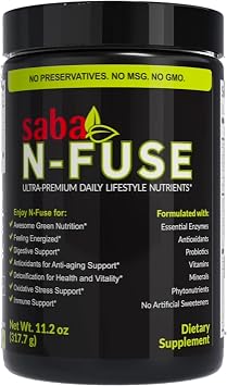 Saba N-FuseTM Super Greens Powder 50+ Superfoods, Probiotics, Digestive Enzymes & Adaptogens for Gut Health, Energy, Immunity & Detox Support Daily Greens Drink, 30 Servings