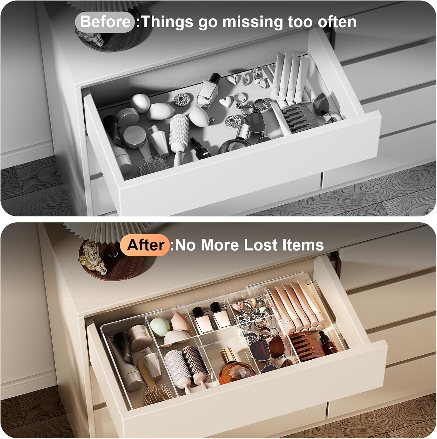 Acrylic Expandable Desk Drawer Organizer with 11 Adjustable Compartments and 6 Removable Dividers Desk Accessories for Office Kitchen Bathroom Makeup and Utensil Junk Storage (Clear, 3Pcs)