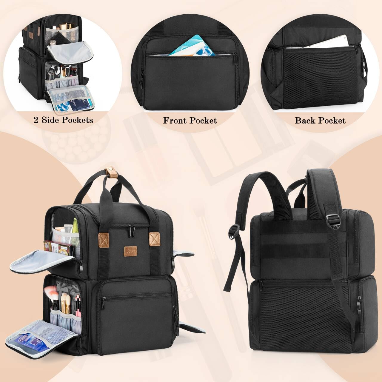BAFASO Bolsa de Cosméticos Mochila con 3 Bolsas Interiores Extraíbles, Bolsa de Maquillaje de Viaje con Múltiples Bolsillos (Solo Bolsa), Negro