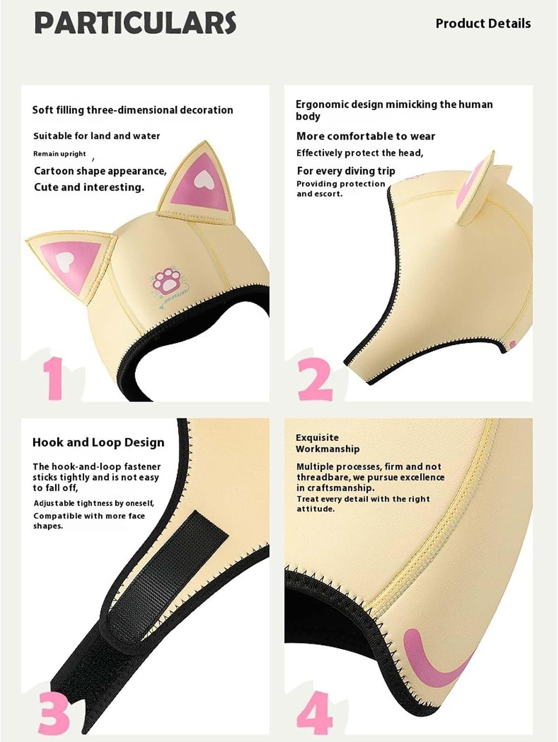 Women's Cute Cat Ears Diving hat Thermal Neoprene Diving Hood Adjustable Fit Hood High Stretch Scuba Dive Hood Thermal Adjustable