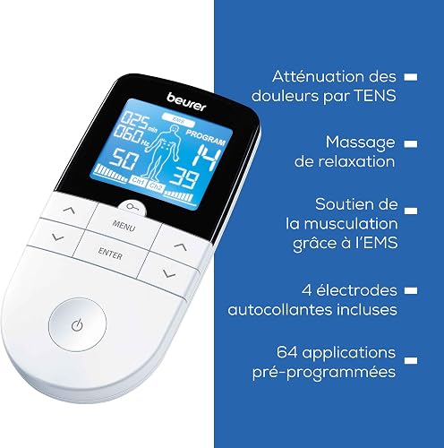 Beurer EM49 PainFree Digital TENS and EMS Machine | Drug-free natural pain relief | 3-in-1 pain relief, rehabilitation and massage | 70 training programmes | 2 channels | 4 self-adhesive electrodes - 8