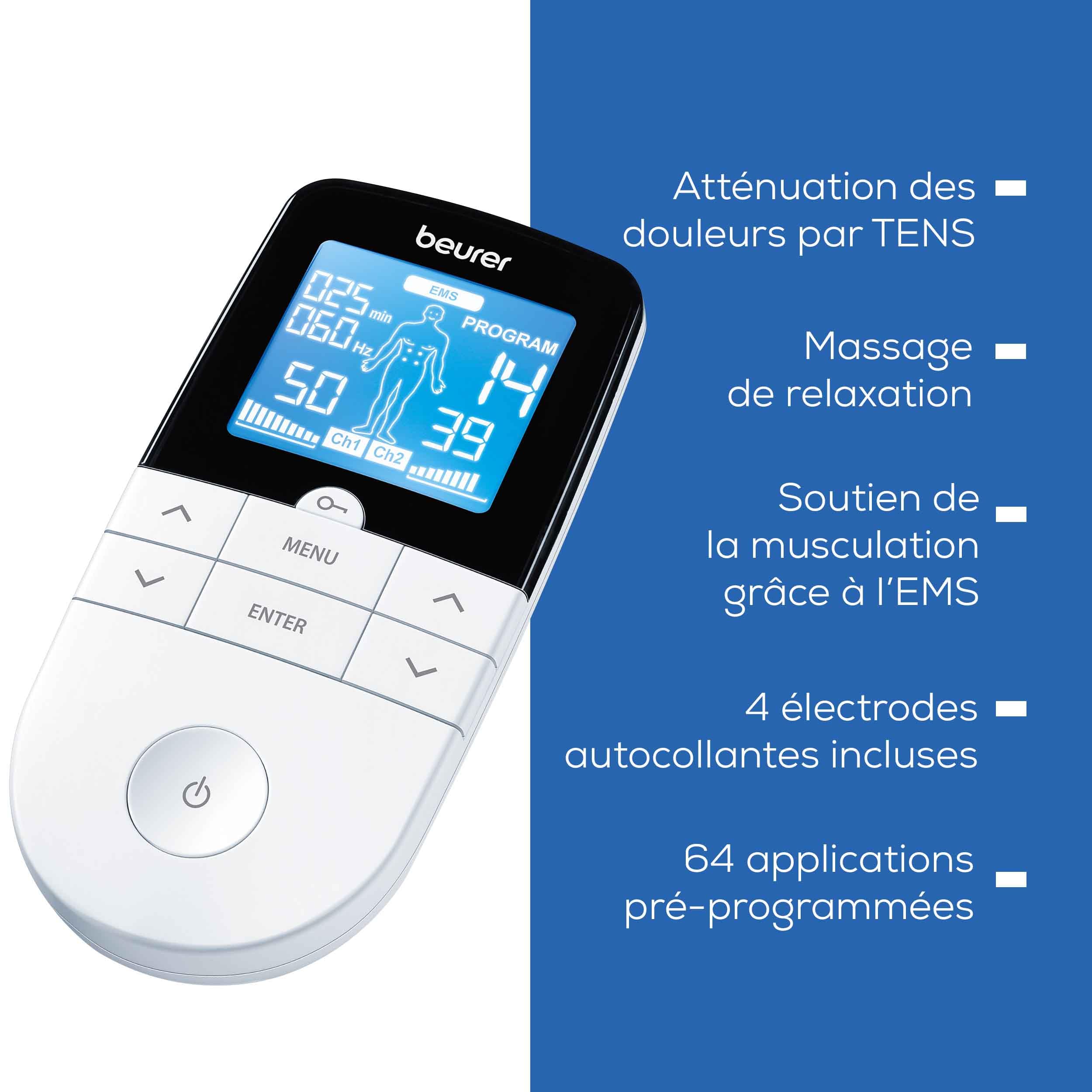 Beurer EM49 Électrostimulateur musculaire 3 en 1 :TENS/EMS/Massage, thérapie anti-douleur TENS, stimulation électrique des muscles EMS, 4électrodes, Noir réutilisables incluses, facile à emporter