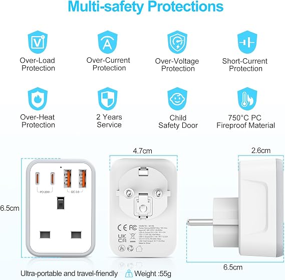 UK to European Travel Plug Adapter Fast Charge PD 20W USB-C QC 3.0